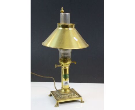 Contemporary Brass electric table lamp designed as a an Oil lamp on paw feet with "Paris Orient Express Istanbul" plaque