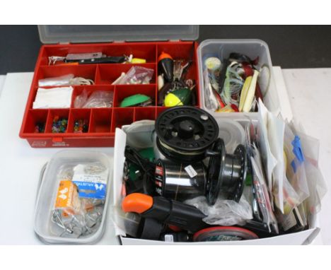 Boxed of Assorted Sea Fishing Tackle to include Rigs, Lines, Scales, Lures, Head Torches, Tackle Box, Floats, etc