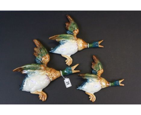 Graduating set of three Beswick ceramic wall plaques in the form of flying Ducks, numbers 596'0 596'1, 596'2