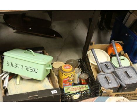 Three trays of vintage Enamel kitchenalia, Tins etc to include French cooking pots with lids, kettle, Ladles etc