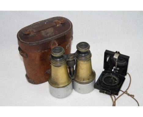 A Pair Of Early World War One / WW1 Field Binoculars Marked With The Broad Arrow And A World War Two Era Mk1 Marching Compass