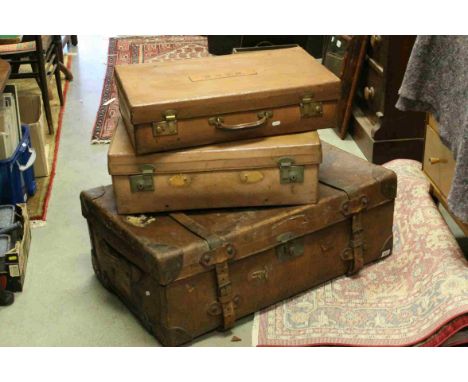 Large Vintage Tan Brown Leather Suitcase together with Two Smaller Leather Suitcases