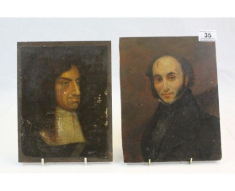Oil on panel Portrait of a 19th Century Gentleman and another on Canvas with panel back of a Charles II era figure
