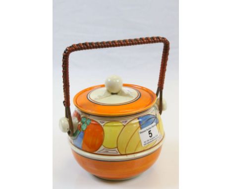 Clarice Cliff Bizarre ceramic Biscuit Barrel with swing handle in Fantastique pattern