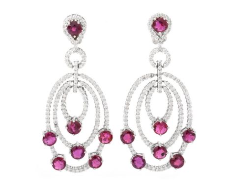 Approx. 9.90 Carat Round Brilliant Cut Ruby, 3.25 Carat Round Brilliant Cut Diamond and 18 Karat White Gold Chandelier Earrin