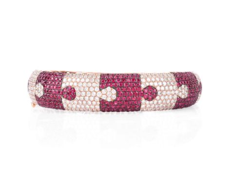 Vintage Approx. 6.50 Carat Pave Set Ruby and 5.08 Carat Pave Set Diamond and 18 Karat Rose Gold Bangle Bracelet. Stamped 750.
