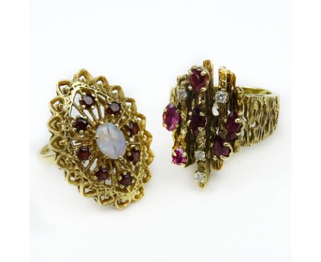 Two (2) Rings, a Vintage Six (6) Oval Cut Ruby, Diamond and 14 Karat Yellow Gold Cluster Ring together with Vintage Ruby, Opa