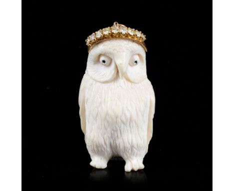 Vintage Approx. .75 Carat Round Brilliant Cut Diamond and 14 Karat Yellow Gold Mounted Carved Ivory Owl Pendant. Diamonds H-I