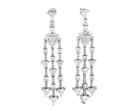 Approx. 6.25 Carat TW Trillion and Round Brilliant Cut Diamond and Platinum Chandelier Earrings. Stamped 900 (post back stamp