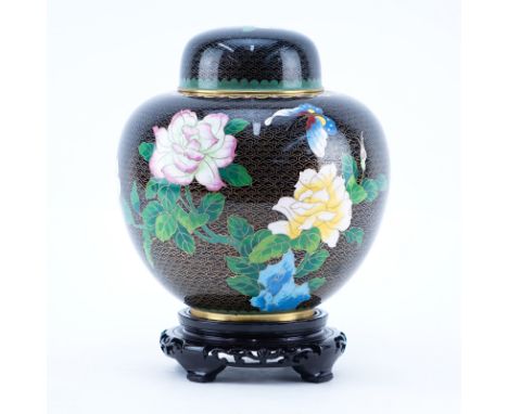 20th Century Chinese Black and Floral Cloisonné Ginger Jar on Wooden Stand. Minor rubbing to enamel. Measures 9-1/2" H, measu