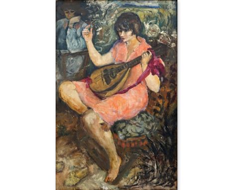 After: Marcel Dyf, French (1899-1985) Oil on Canvas, Woman Playing Mandolin. Signed lower right. Good condition. Measures 39-