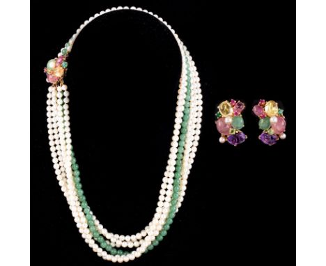 Vintage Pearl and Chalcedony Multi Strand Necklace with Multi Gemstone and 14 Karat Yellow Gold Clasp and Matching Earring Su