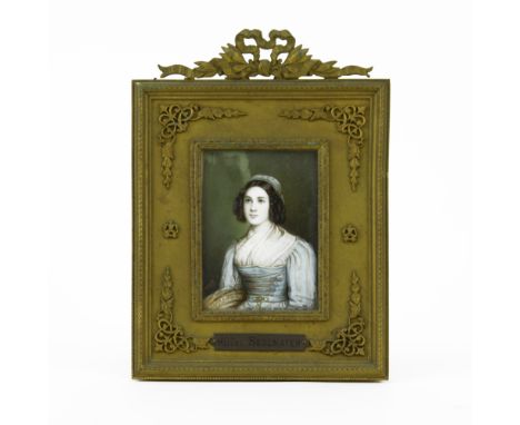 19th C Hand Painted Portrait Miniature of Helene Sedlmayr in Gilt Bronze Frame. Unsigned. Good condition. Measures 2-1/2" x 1