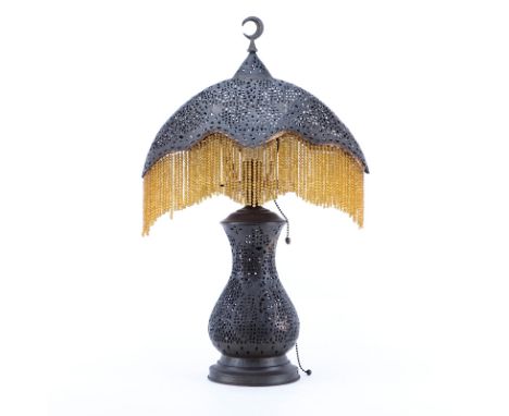 Antique Turkish/Islamic Pierced Brass Lamp with Beaded Shade and Half Moon Finial. Rubbing and whiting to surface. Measures 2