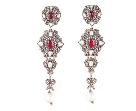 Large Vintage Table Cut Diamond, Cabochon Ruby, Pearl and Silver Topped 10 Karat Yellow Gold Chandelier Earrings. Larger rubi