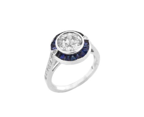 Vintage Approx. 2.0 Carat Old European Cut Diamond, Caliber Cut Sapphire and Diamond Engagement Ring. Stamped 18K. Very good 