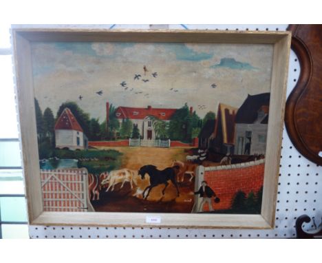 A NAIVE OIL ON CANVAS VIEW OF A FARMHOUSE AND YARD, POSSIBLY IN EAST ANGLIA, with animals and a figure near the gate, dated 1