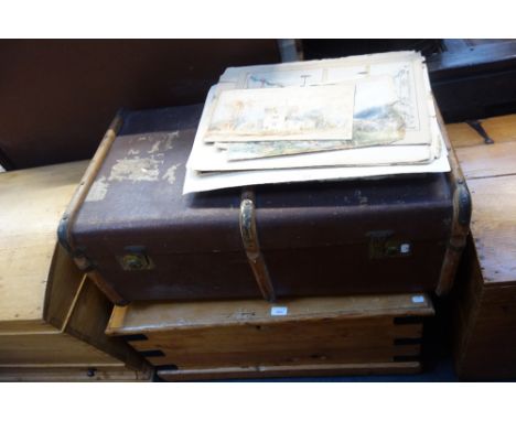 A VICTORIAN STRIPPED PINE BLANKET BOX, 83cm wide and a canvas covered wooden bound travelling trunk