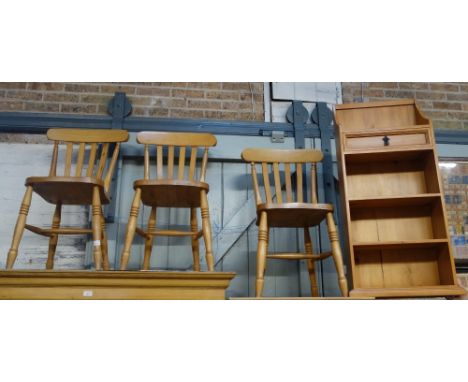 THREE VICTORIAN STYLE LATH BACK KITCHEN CHAIRS and a small shelf fitted a drawer