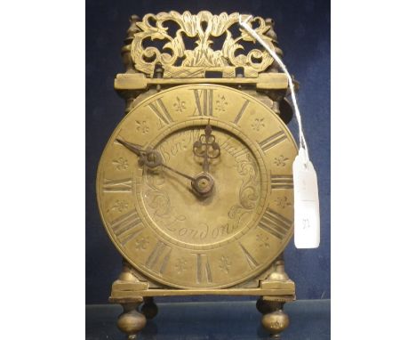 A BRASS CASED 'LANTERN' CLOCK, engraved, 'Ben Marshall London' to the face, with later movement and elements missing over tim