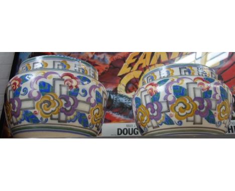 A PAIR OF POOLE POTTERY CARTER STABLER ADAMS TRADITIONAL JARDINIERES, globular form, shape no.926, decorated in the LO patter
