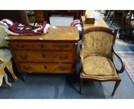 A LOUIS XIV STYLE PARQUETRY COMMODE, 94cm wide (examine) with an Edwardian armchair with inlaid decoration