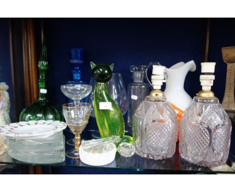 A GREEN ART GLASS CAT IN THE STYLE OF SALVIATI, MURANO, a pair of Georgian decanters converted to lamps and other glassware