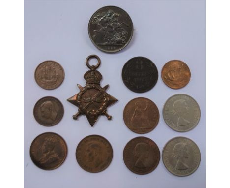 A WORLD WAR I MEDAL inscribed,'M. 15232. E. BROWN. J.R.A. R.N.', a Victorian crown, converted to a brooch and a small collect