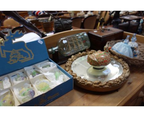 A VINTAGE SHIP IN A BOTTLE, a 19th Century mahogany tea caddy, ceramic half dolls and other items