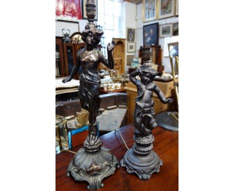 A BELLE EPOQUE STYLE BRONZED SPELTER LAMP and another similar