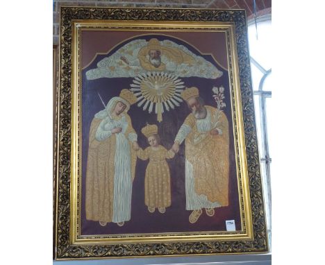 A LARGE OIL ON CANVAS RUSSIAN STYLE PAINTING of the Holy Family with the Dove of the Holy Spirit and God above in a heavy gil