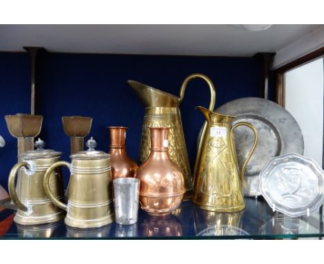 A JOSEPH SANKEY &amp; SONS ART NOUVEAU BRASS JUG, a pair of Arts and Crafts style copper candlesticks and other metalware