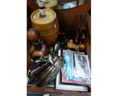 A STONEWARE SPIRIT BARREL (converted to a lamp) and sundries