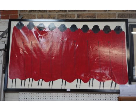 A TANZANIAN "TINGA-TINGA" STYLE PAINTING BY M. AWAZI, depicting a row of red robed figures