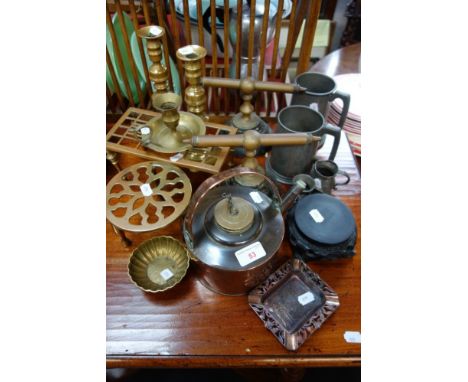 A PAIR OF VICTORIAN BRASS CANDLESTICKS, a Vintage Sirram kettle, small pewter measures and other metalware