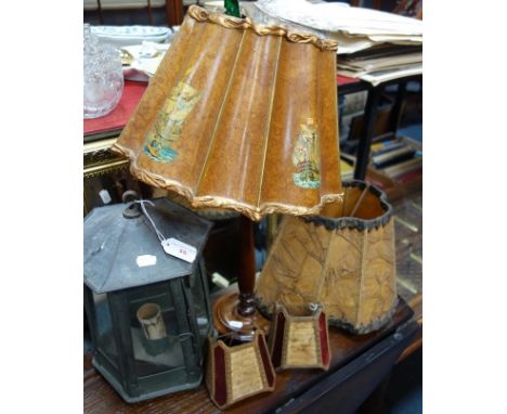 AN ARTS AND CRAFTS COPPER HANGING HALL LANTERN of tapering hexagonal form, 33cm high, a 1930's table lamp with original parch