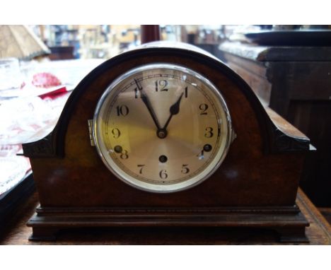 A 1930'S WALNUT CASED MANTEL CLOCK with Westminster Chimes