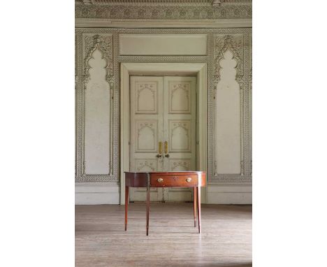 A George III mahogany side table,Irish, the bowed top with a drawer, on square legs, stamped '737',107cm wide64.5cm deep80.5c