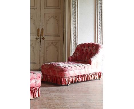 A late Victorian chair-end daybed,button-upholstered to match, probably by Maple &amp; Co., not stamped, on turned legs and b