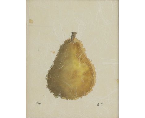 ▴ Emma Tennant (b.1943)'One Pear'signed with initials and dated '94', watercolour on handmade paper18.5 x 14.5cm, in a Victor
