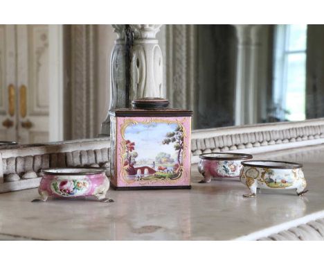 An enamel tea caddy,18th century, painted with polychrome pastoral scenes and Italianate landscapes, within rococo-style gild