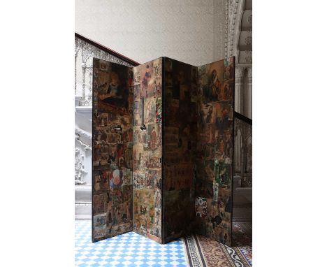A Victorian découpage four-fold dressing screen,of full height and decorated both sides, with an ebonised frame,each panel 56