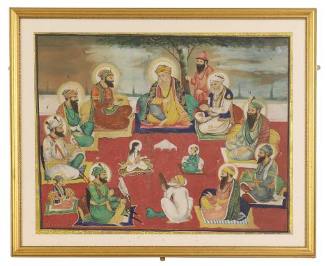 Indian School,Punjab, late 19th century, a ceremony with ten Sikh gurus and attendantsgouache on paper68 x 86cmCondition Repo