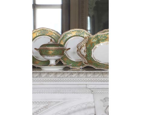 A Spode felspar porcelain part dessert service,19th century, with green banded and gilded floral decoration, footed rectangul