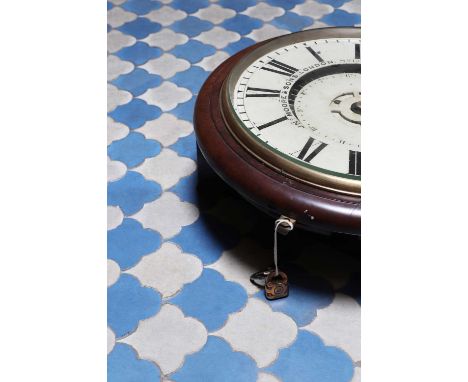 A nightwatchman’s walnut dial clock by J N Moore & Sons, London, the white painted dial with black Roman and Arabic numerals,