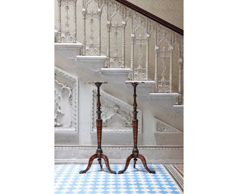 A pair of Dutch floral marquetry torchères,each with a shaped rectangular top and tripod base,23.5cm square102cm high (2)Cond