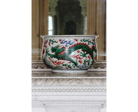 A Chinese wucai incense burner,Kangxi (1662-1722), the rounded sides rising from a circular foot to a flared rim, painted wit