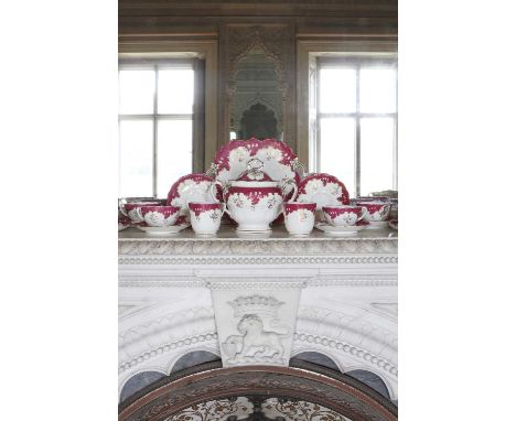 A porcelain tea and coffee service,19th century, English including teacups, saucers, a teapot and square serving dish, decora