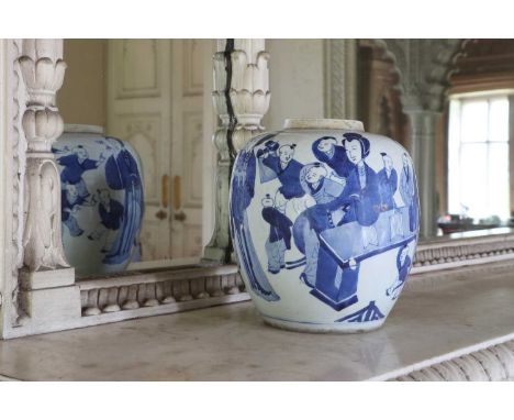 A Chinese blue and white ginger jar,Kangxi (1662-1722), of ovoid form, painted with ladies and boys in a garden,23cm highCond