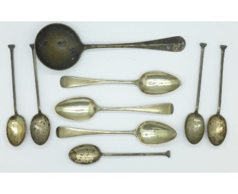 Nine silver spoons;- five tea spoons, three Georgian and one ladle, 147g